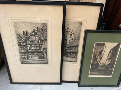 Lot 936 - Collection of black and white engravings: 1. Fishing boats on beach by Stephen Parrish, sail sheds in background (possibly Hastings), 2. Coastal scene by D.Y. Cameron, 3. Perth Bridge by D.Y. Ca...