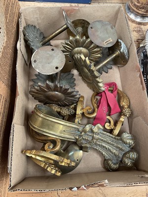 Lot 28 - Good set of six antique brass curtain ties together with one tie in the shape of Prince of Wales Feathers