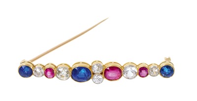 Lot 411 - Edwardian sapphire, diamond and ruby bar brooch