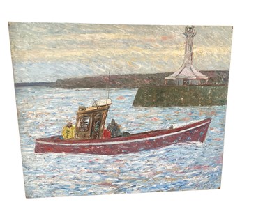 Lot 905 - John Reay oil on board - East Anglian scene with a fishing boat entering a harbour