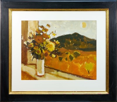 Lot 1075 - *Donald McIntyre (1923-2009) oil on paper - View from Our Sitting Room Window, Tregarth, Bangor, c. 1970, signed, 49cm x 61cm, glazedframe