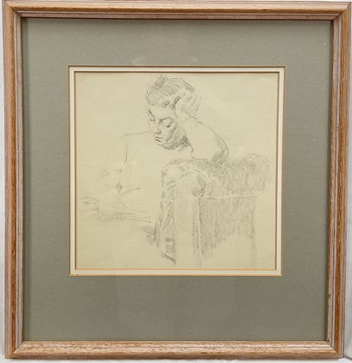 Lot 141 - 20th century pencil sketch, woman reading, 24cm x 24cm, mounted in glazed frame