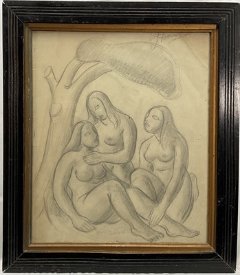 Lot 137 - Modern British School, pencil - Nude group, signed indistinctly, 33cm x 28cm, glazed ebonised frame