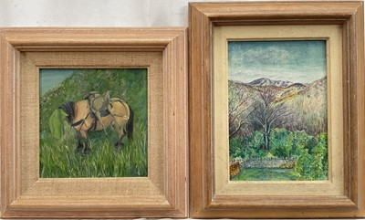 Lot 134 - 20th century oil on board - Scottish landscape, exhibited RA 1982, signed with initials EM-B, 19cm x 13cm, and another similar of a horse carrying a stag, framed (2)