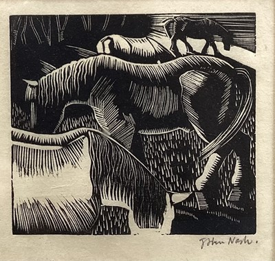 Lot 974 - *John Nash (1893-1977) signed woodcut - Horses Grazing, 8cm x 8.5cm, in glazed frame