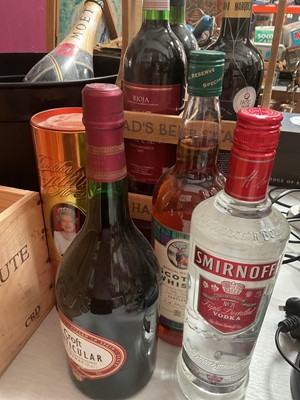 Lot 300 - Bottles of wines and spirits, together with an empty Jeroboam of Möet and empty wooden wine cases