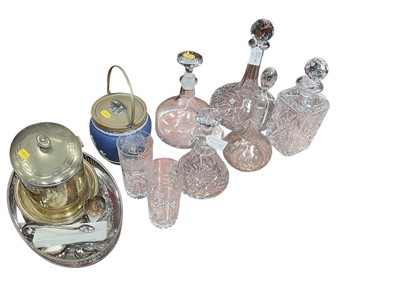 Lot 464 - Group of five cut glass decanters, together with a Wedgwood biscuit barrel with silver plated mounts and other plated items.