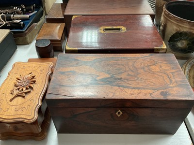 Lot 303 - Wooden work box with brass mounts together with various other wooden boxes