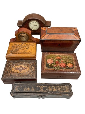 Lot 329 - Group of wooden boxes including a tea caddy and Chinese fan box, together with two mantel clocks