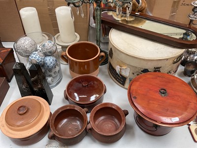 Lot 332 - Group of contemporary carpet bowls in a glass vase, pair of decorative candlesticks, pair of obelisks, metal five branch candelabrum, vintage hat box, pottery bowls and a modern Chinese food con...