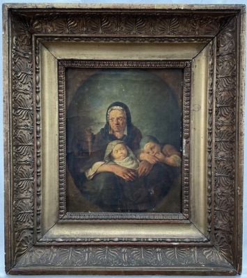 Lot 1050 - Continental School, late 18th / early 19th century, oil on canvas - portrait of a mother and two children, 25cm x 20.5cm, in gilt frame