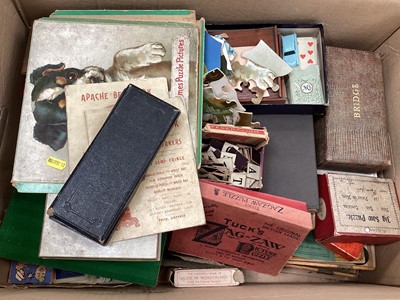Lot 2725 - Selection of children's games to include jigsaws, playing cards, building blocks, board games, lead figures and others, (1 box).