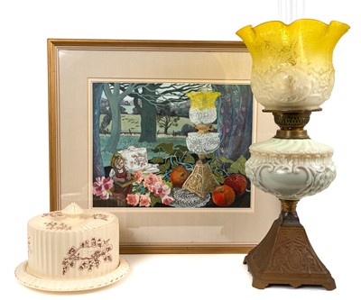 Lot * Dione Page (1936-2021) mixed media - Still Life, 28cm x 35cm, in glazed gilt frame, together with the oil lamp and cheese dome illustrated in the work