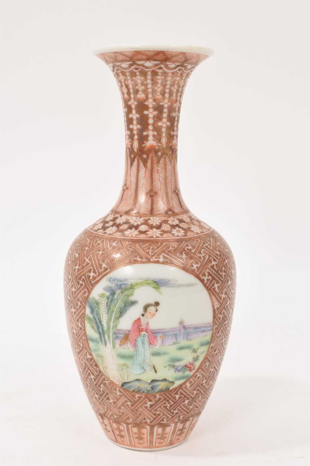 Lot 42 - Chinese porcelain baluster vase, 20th century, painted in famille rose enamels with circular panels containing figures and landscapes, on a patterned ground in gilt and red enamel, Qianlong seal...