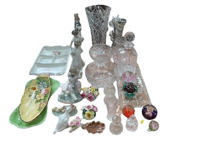 Lot 512 - Group of ceramics and glassware to include Nao figures, cut glass items and Art glass paperweights.