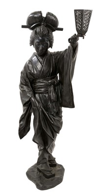 Lot 700 - Mori Hosei (1872-1941) impressive Japanese bronze standing figure of a woman with a lantern