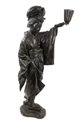 Lot 700 - Mori Hosei (1872-1941) impressive Japanese bronze standing figure of a woman with a lantern