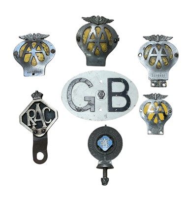 Lot Group of four vintage AA members badges, together with two RAC badges and a metal GB sign, (7).