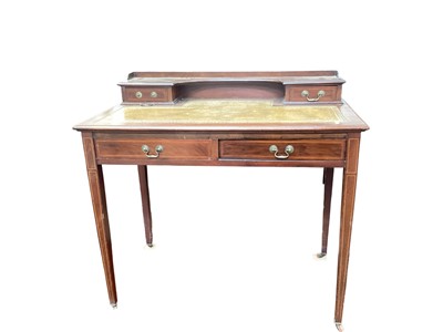 Lot 1221 - Edwardian inlaid mahogany writing table with inset leather lined top and two drawers below, 91cm wide, 52.5cm deep, 86.5cm high
