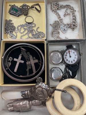 Lot 1070 - Group of silver and white metal jewellery, antique silver watch, silver and mother of pearl baby rattle and one other plated