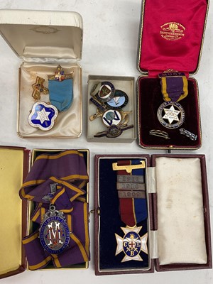 Lot 363 - Group of various Masonic enamelled gilt metal medals, one silver, together with other badges/pins etc