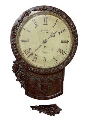 Lot 629 - Early Victorian drop dial wall clock with painted circular dial signed R.Lowe, Preston, single fusee movement in attractive carved oak Gothic influence case with carved oak leaf decoration 55cm...