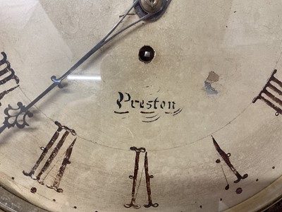 Lot 629 - Early Victorian drop dial wall clock with painted circular dial signed R.Lowe, Preston, single fusee movement in attractive carved oak Gothic influence case with carved oak leaf decoration 55cm...