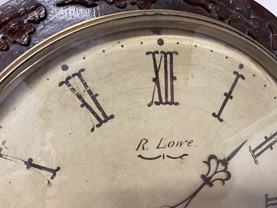 Lot 629 - Early Victorian drop dial wall clock with painted circular dial signed R.Lowe, Preston, single fusee movement in attractive carved oak Gothic influence case with carved oak leaf decoration 55cm...