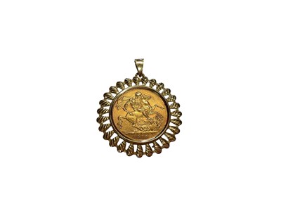 Lot 34 - Edward VII gold full sovereign, 1910, in 9ct gold pendant mount