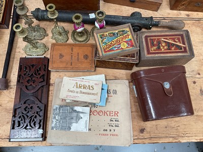 Lot 21 - Sundry items, including a book slide, brass syringe, chess set, brassware, postcards, etc