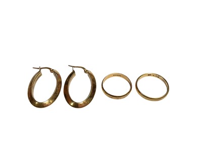 Lot 37 - Pair of 9ct gold hoop earrings, 9ct gold wedding ring and one other wedding ring stamped 585