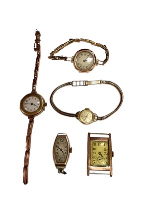 Lot 39 - Four vintage 9ct gold cased wristwatches, three on 9ct gold bracelets and a 1930s tank shaped yellow metal watch (5)