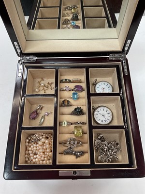 Lot 1109 - Jewellery box containing cultured pearls, two silver cased fob watches, silver charm bracelet etc
