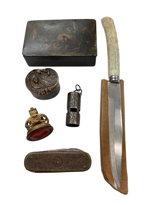 Lot 360 - Antique brass intaglio seal carved with a portrait, together with a 19th century snuff box, art nouveau box, compass pendant, etc
