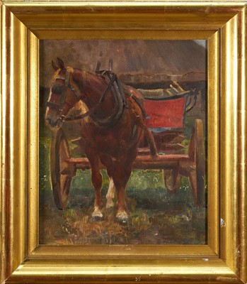 Lot 862 - Attributed to Geoffrey Mortimer (1895-1986) oil on panel - Horse and Wagon, a sketch of a bay horse verso, 33cm x 27.5cm, in gilt frame