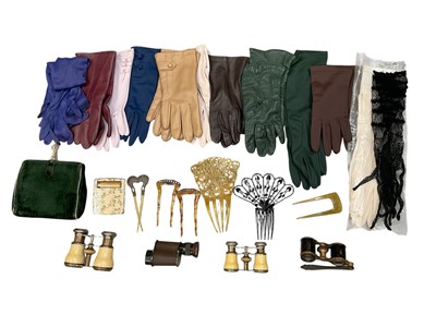 Lot 112 - Antique hair slides, including paste set examples, together with opera glasses, ladies gloves, purse, etc