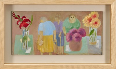 Lot *Tessa Newcomb (b. 1955) oil on board - 'Having a good look', initialled, dated '15, inscribed verso, 14cm x 29cm, in glazed frame