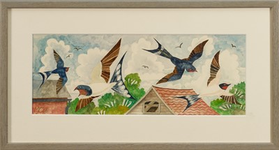 Lot 958 - *Michael Coulter (b. 1937) watercolour - Swallows, initialled and dated '06, 13.5cm x 35cm, in glazed frame