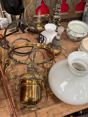 Lot 31 - Group of lighting, including a modern lamp and three brass and metal hanging lanterns