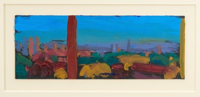 Lot 957 - Gil Mutch (b. 1955) oil on board - Summer in the City, 1994, 11.5cm x 30cm, in glazed frame