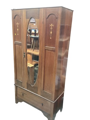 Lot 1240 - Edwardian inlaid mahogany wardrobe with bevelled mirror door, 93cm wide, 42cm deep, 184cm high