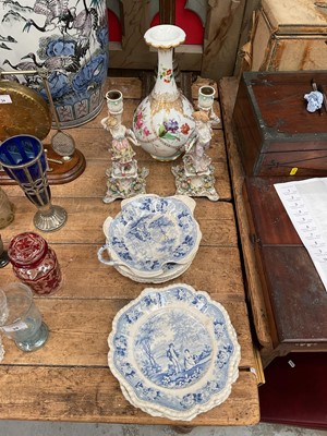 Lot 37 - Group of ceramics, including a pair of Dresden candlesticks, a continental vase, and a set of transfer printed dishes
