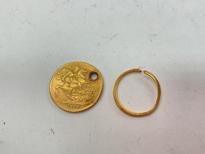 Lot 1085 - Victorian gold sovereign, 1879 (with hole) and 22ct gold ring (cut)