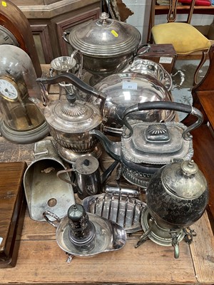 Lot 43 - Group of silver plate, including spirit kettles, and a cased set of mother of pearl handled cutlery