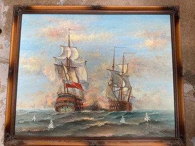 Lot 52 - Group of pictures, including an oil on canvas of warships
