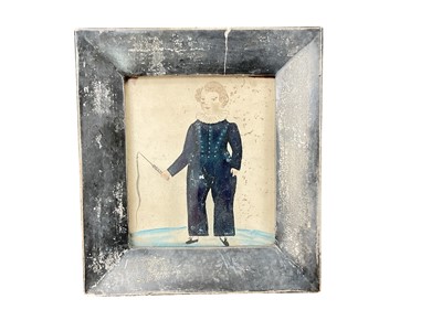 Lot 418 - 19th century naive school watercolour of a child in an unusual silvered ceramic frame.