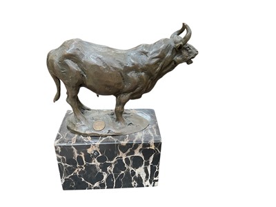 Lot 420 - Contemporary French bronze sculpture of a bull, raised on a marble base, 22cm in overall height.