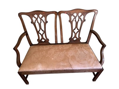 Lot 1364 - Late 19th century mahogany hall bench with shaped twin splat, open arms, drop-in seat and chamfered legs joined by supports
