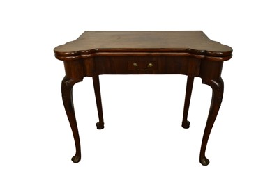Lot 1359 - George III mahogany card table with shaped fold-over top above a single drawer, on carved cabriole legs