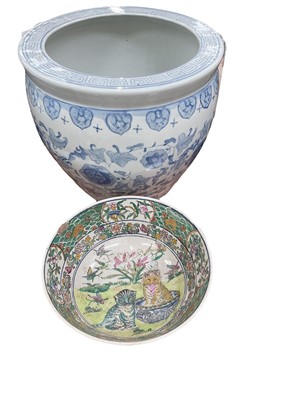 Lot 434 - Contemporary Chinese blue and white porcelain jardinière or goldfish bowl, together with another Chinese bowl decorated with cats (2).